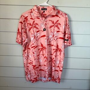 Bad Birdie golf polo‎ palm trees and flowers peach men's size small